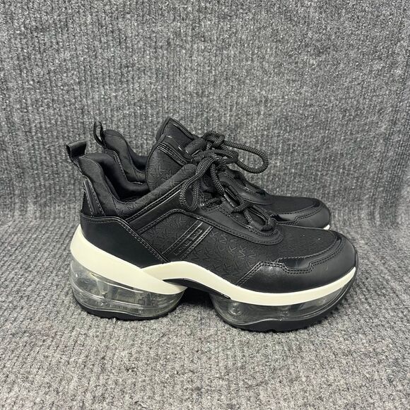 NEW Michael Kors Olympia Extreme Logo Jacquard Leather Trainer Shoes Black Sz 9 - Picture 1 of 8